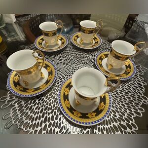 DEMITASSE SET YAU SHING FINE PORCELAIN 10-PIECE Blue/Gold/Black TEA SET